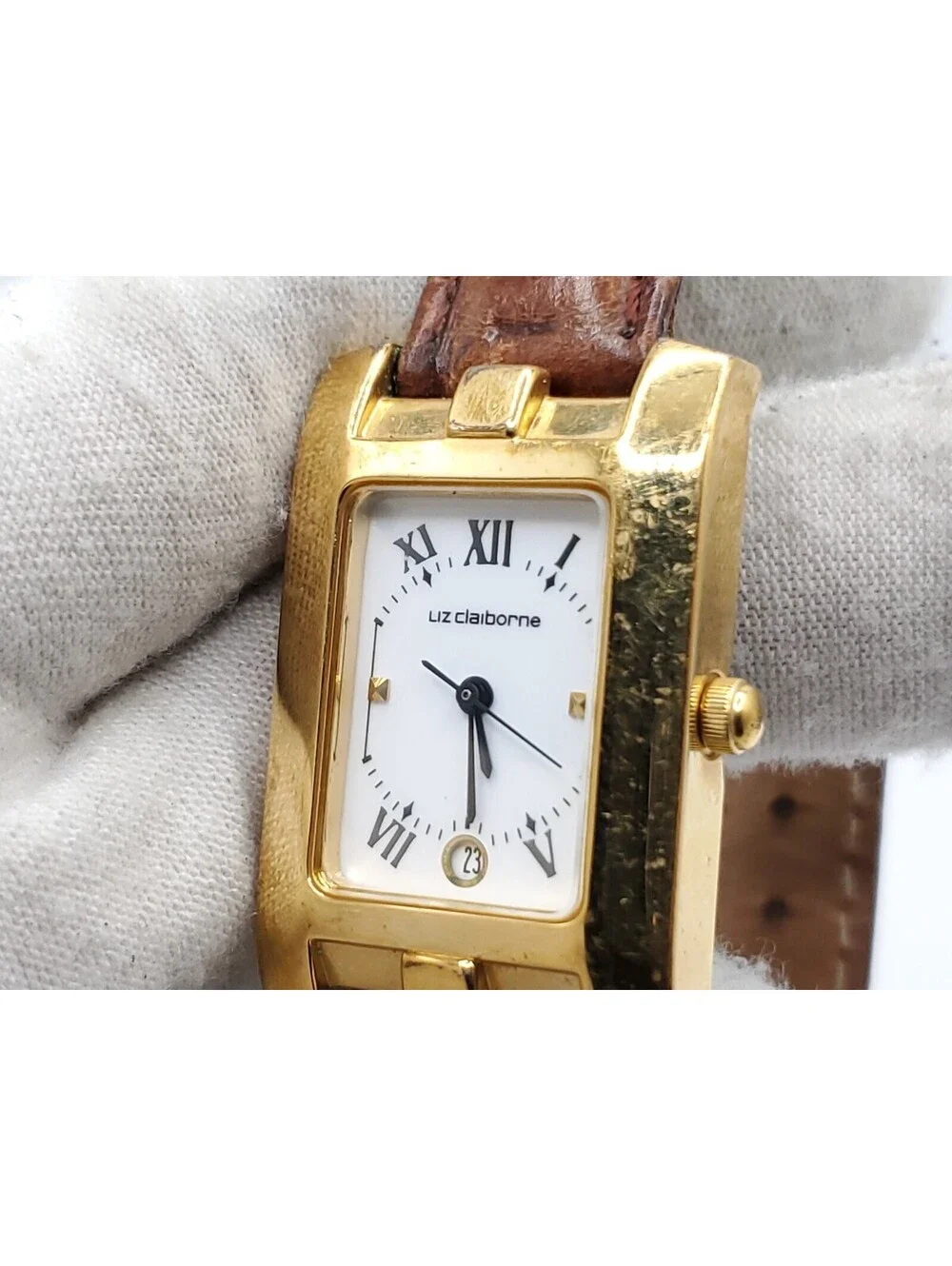 Liz Claiborne Quartz Watch Women New Battery Gold Tone White Date Dial Rectangle